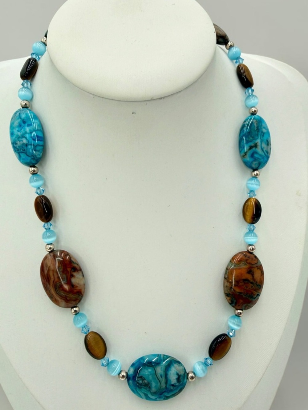 Crazy Lace Agate Tiger Eye Moonstone Crystal Sterling Necklace 18” Artisan Boho